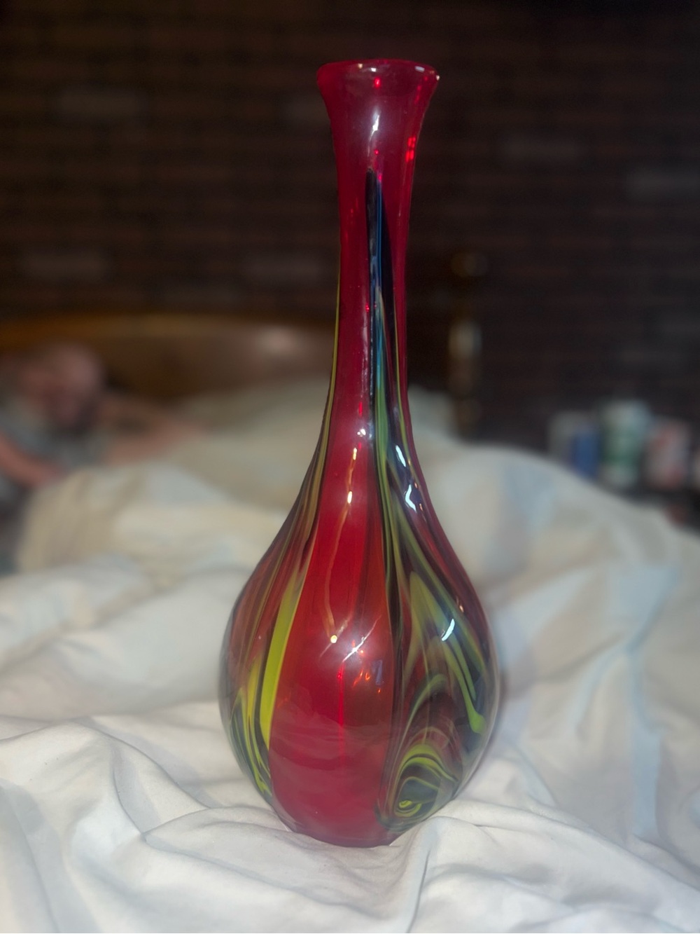 Handblown Glass Vase with Yellow and Green Accents; Intricate “Face” in Glass